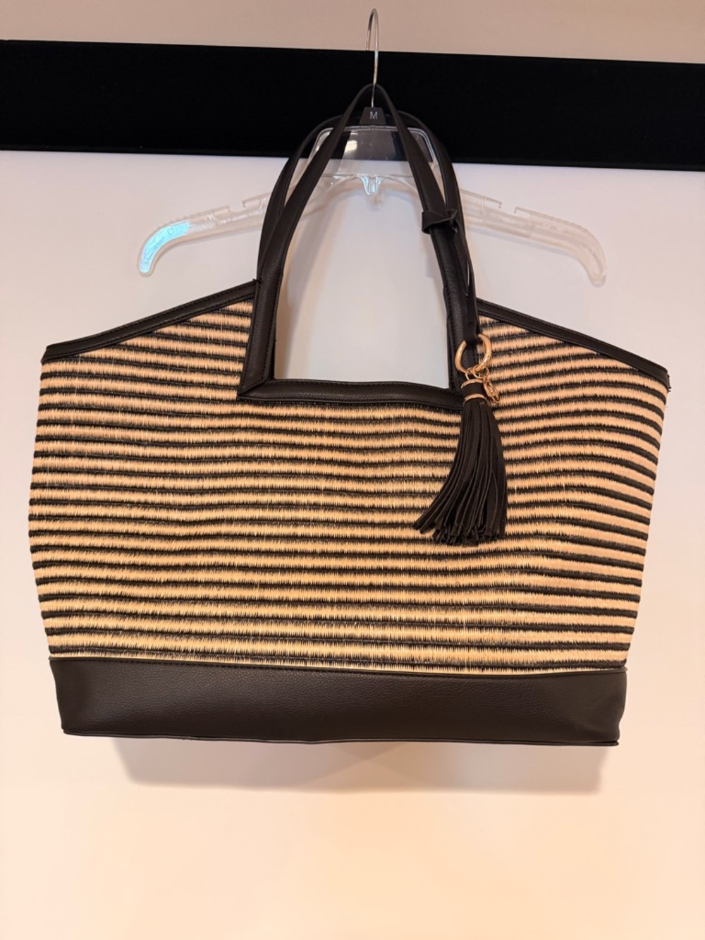 Black & Cream Striped Tote Bag with Tassel